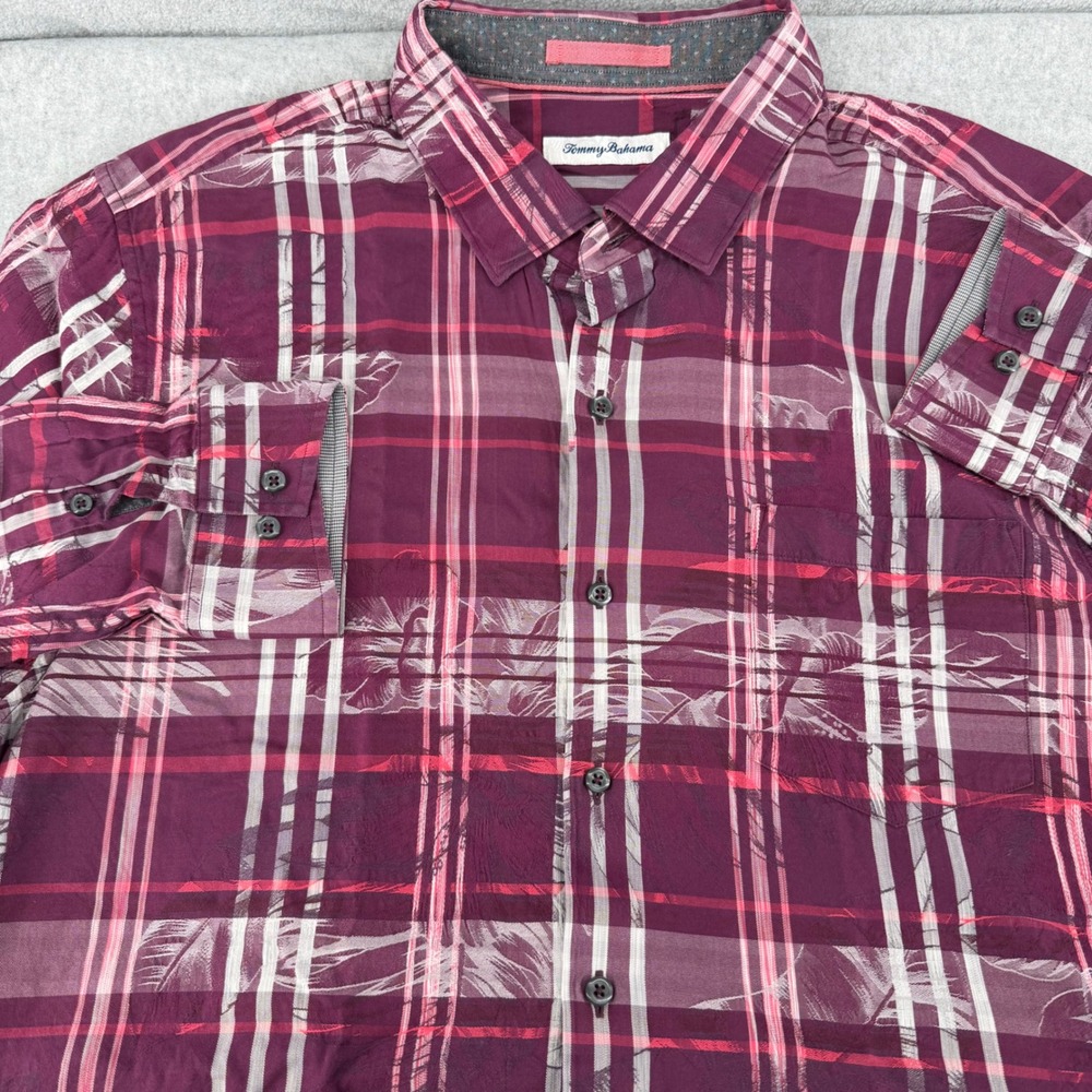 Tommy Bahama Mens XL Silk Blend Plaid Tropical Print Button Down Shirt Burgundy